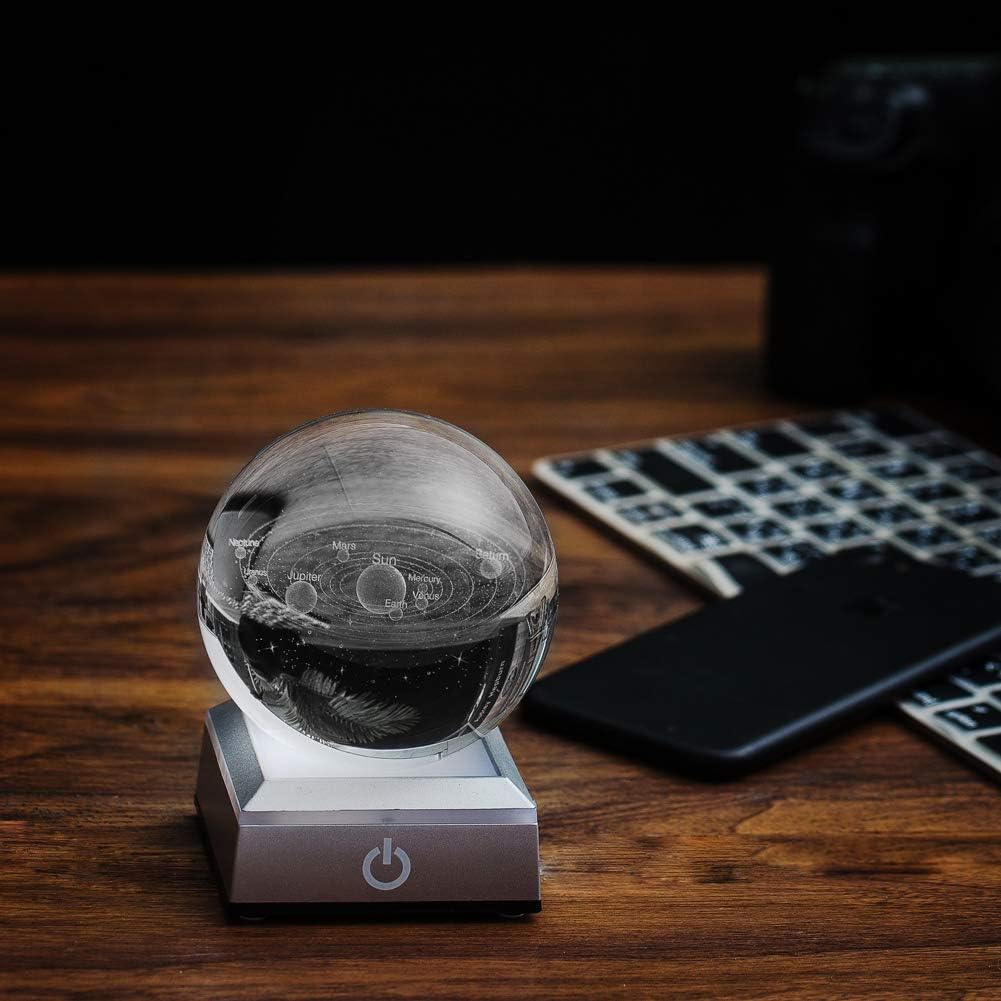 3D Solar System Crystal Ball with Laser Engraved Planets and LED Light Base