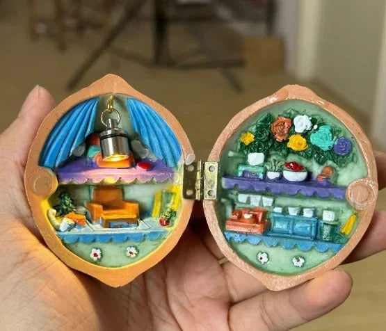 Handmade Walnut Shell Doll House--mini library, tiny World inside walnuts