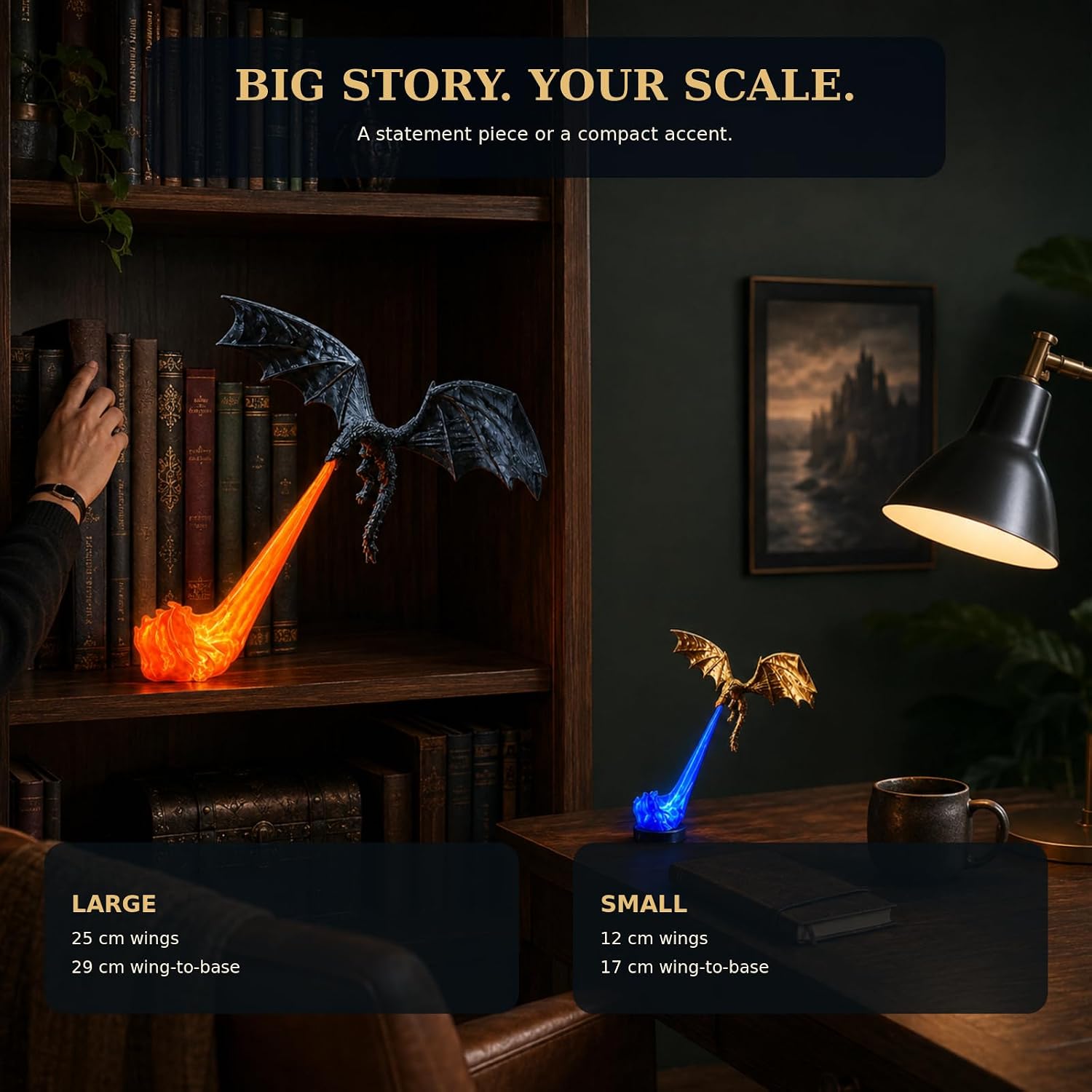 Dragon Bookshelf Nook Light, 3D Printed Dragon Sculpture with Spread Wings