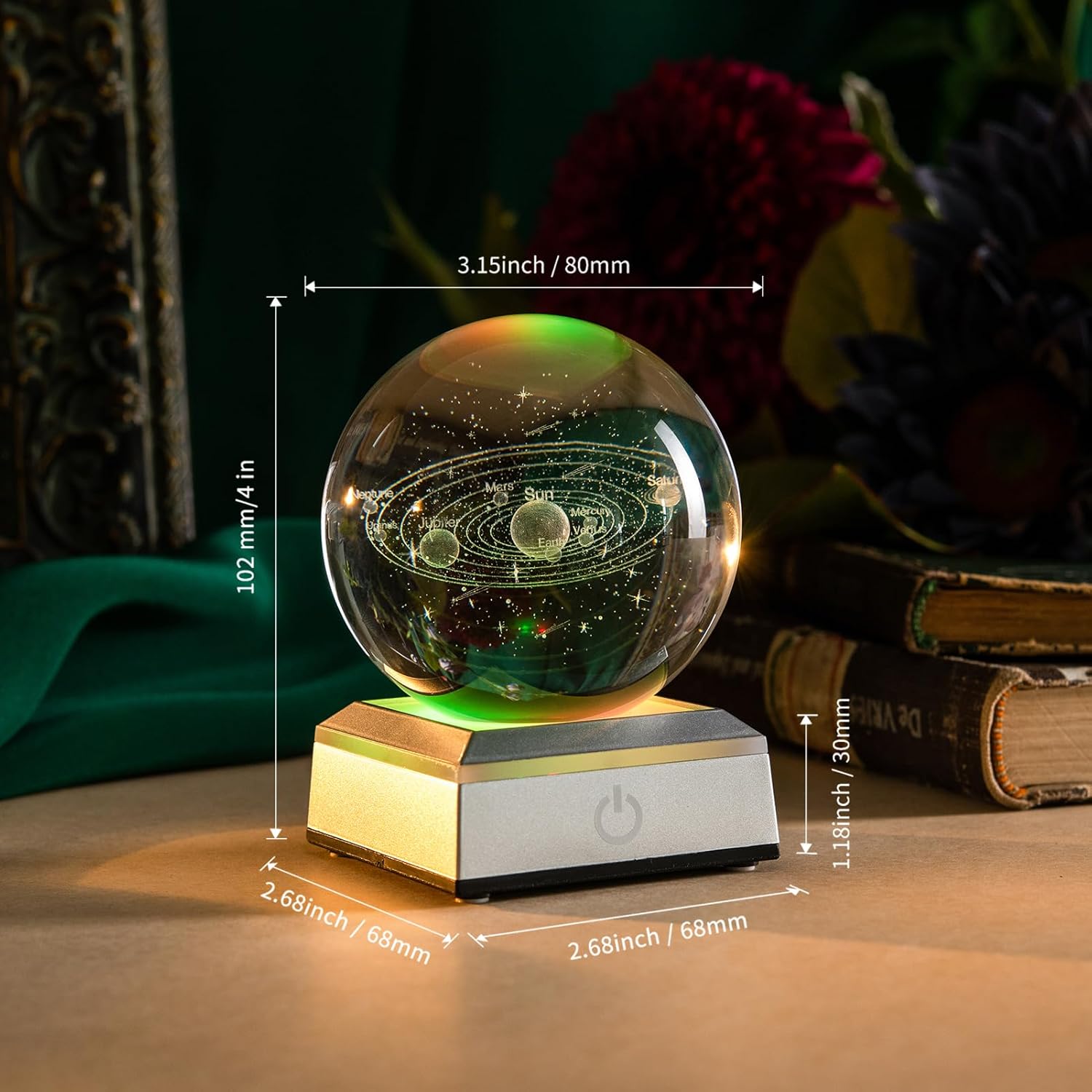 3D Solar System Crystal Ball with Laser Engraved Planets and LED Light Base