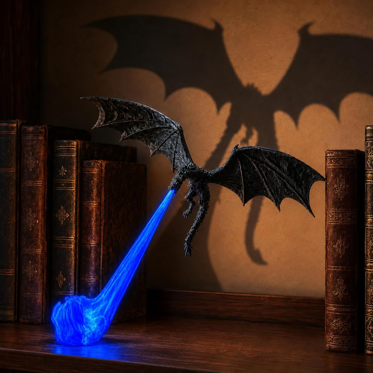 Dragon Bookshelf Nook Light, 3D Printed Dragon Sculpture with Spread Wings