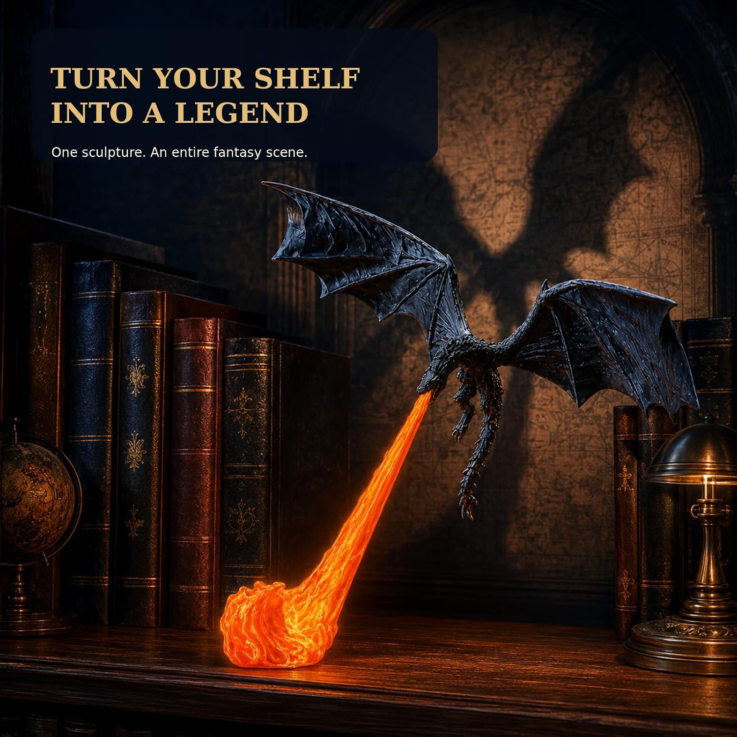 Dragon Bookshelf Nook Light, 3D Printed Dragon Sculpture with Spread Wings