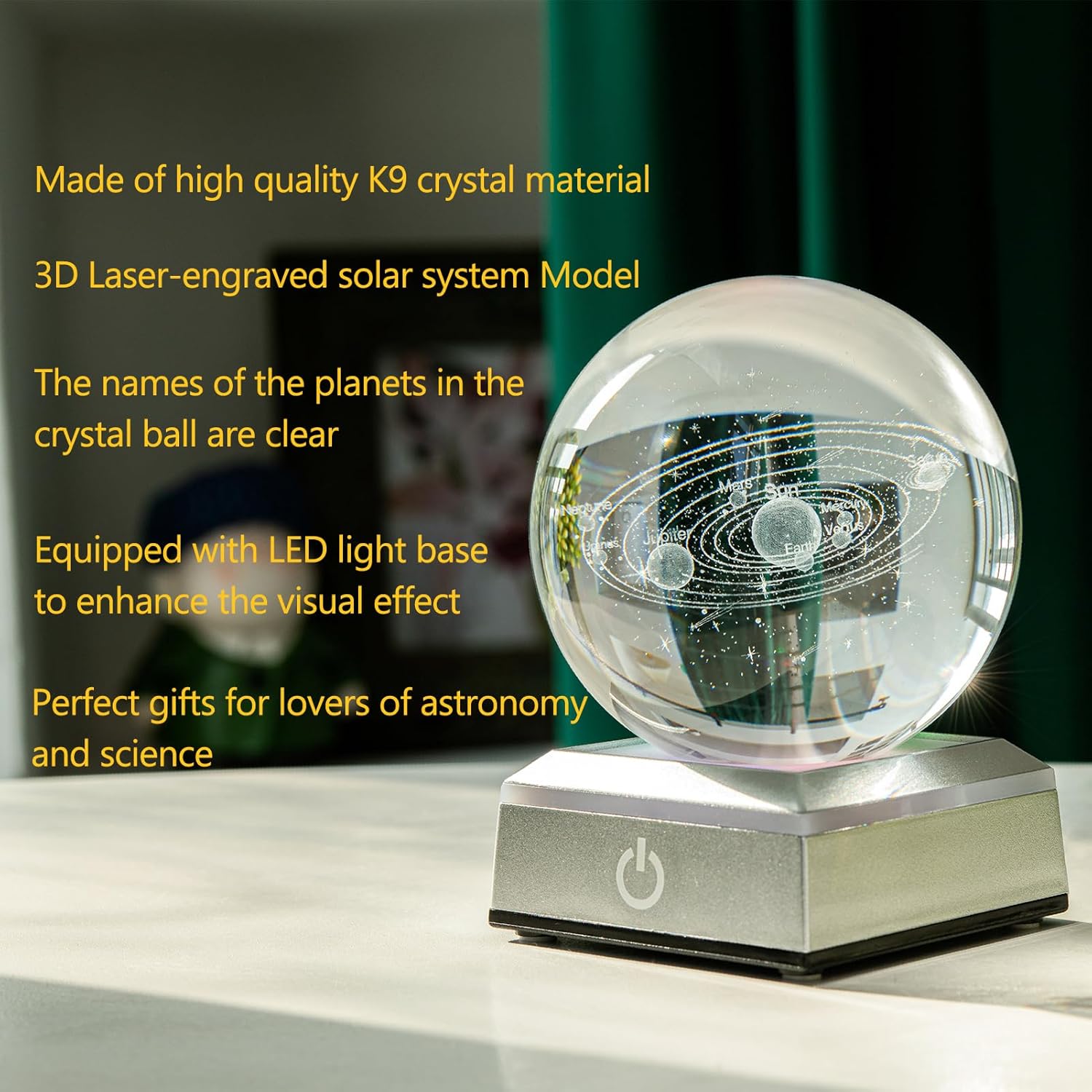 3D Solar System Crystal Ball with Laser Engraved Planets and LED Light Base