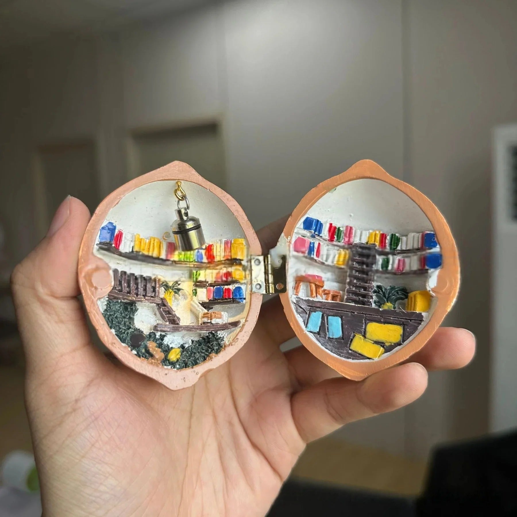 Handmade Walnut Shell Doll House--mini library, tiny World inside walnuts