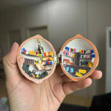 Handmade Walnut Shell Doll House--mini library, tiny World inside walnuts