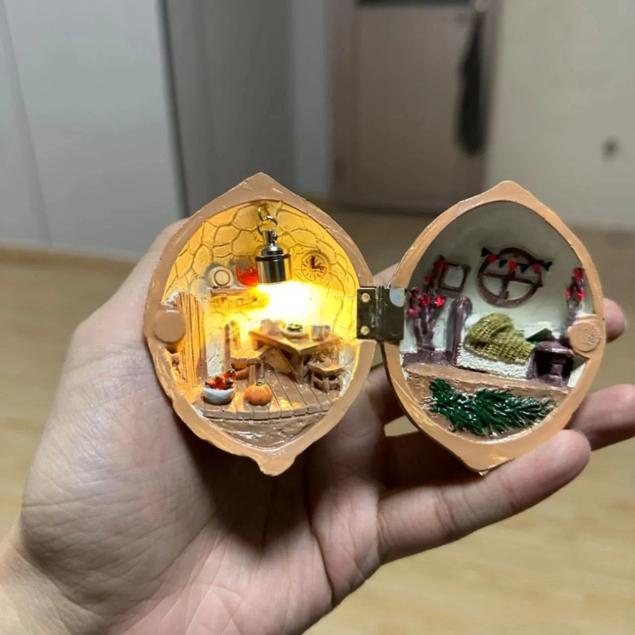 Handmade Walnut Shell Doll House--mini library, tiny World inside walnuts