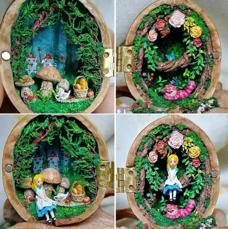 Handmade Walnut Shell Doll House--mini library, tiny World inside walnuts
