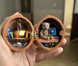 Handmade Walnut Shell Doll House--mini library, tiny World inside walnuts