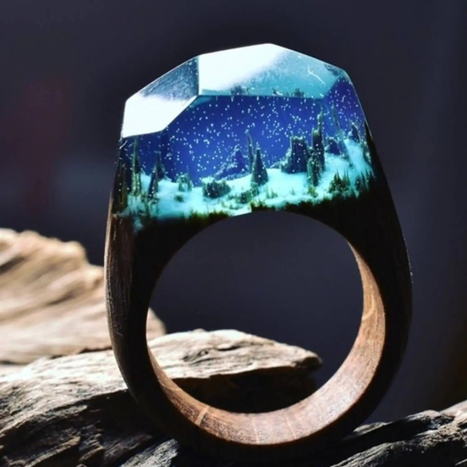Magic Forest Landscape Aurora Ring Resin Wooden Rings
