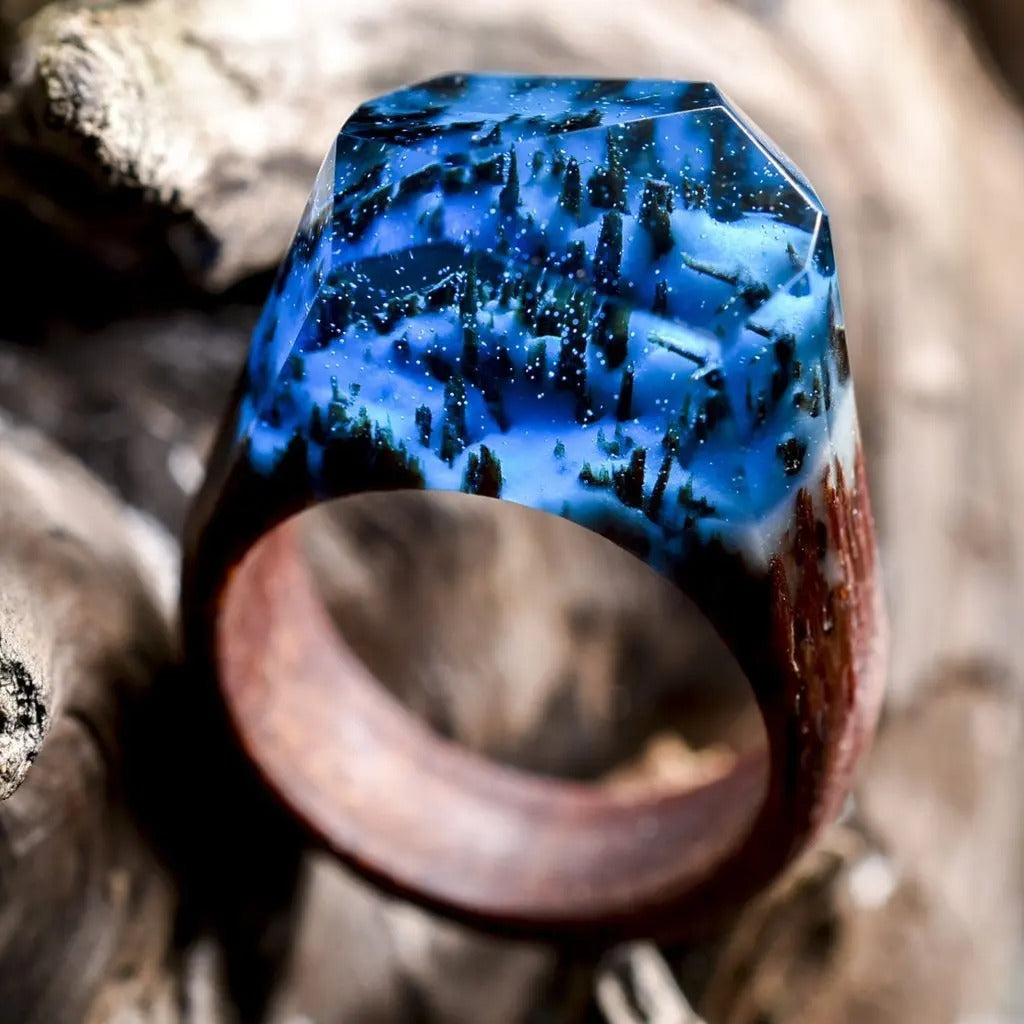 Magic Forest Landscape Aurora Ring Resin Wooden Rings