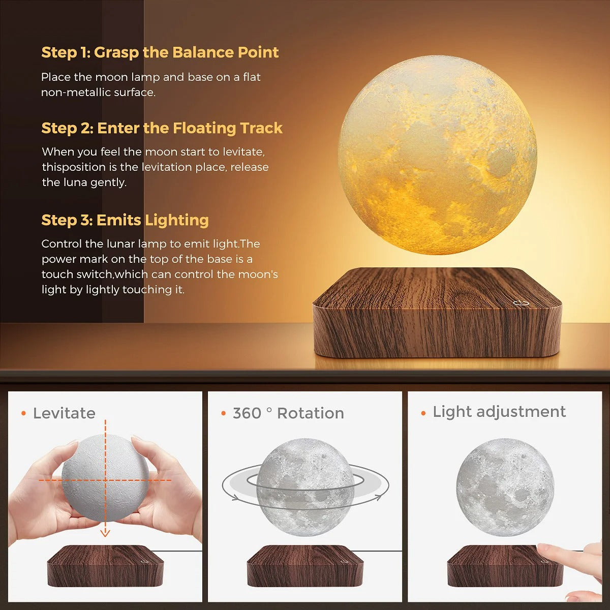 Levitating Moon Lamp Night Light with 3 Colors